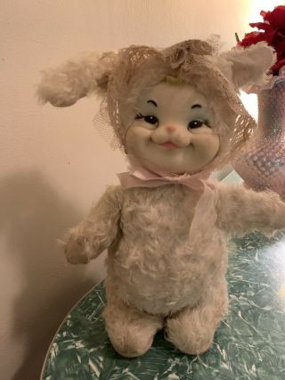 Vintage Rubber Face Stuffed Plush Rushton Bunny Rabbit Lace Bonnet 2