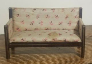 Antique Dollhouse German Sofa Upholstered Silk Floral Pink Pillows Vintage