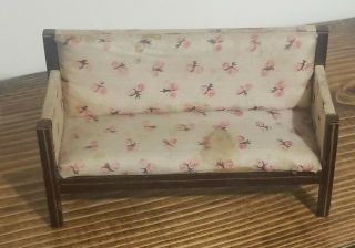Antique Dollhouse German Sofa upholstered silk floral pink pillows Vintage 2