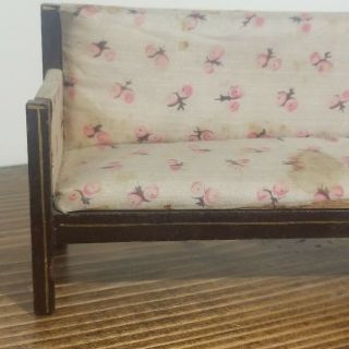 Antique Dollhouse German Sofa upholstered silk floral pink pillows Vintage 3