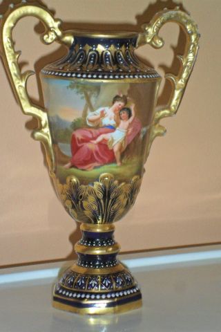 Stunning Antique Royal Vienna Porcelain Urn/vase - Artist Signed - Gold Cobalt Blue