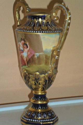 Stunning Antique Royal Vienna Porcelain Urn/Vase - artist signed - Gold Cobalt Blue 5