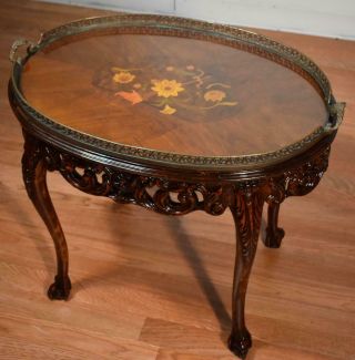 1910s Antique French Carved Walnut Floral Inlay Coffee Table With Glass Tray Top
