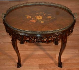 1910s Antique French carved Walnut floral inlay Coffee table with Glass Tray top 2