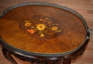1910s Antique French carved Walnut floral inlay Coffee table with Glass Tray top 3