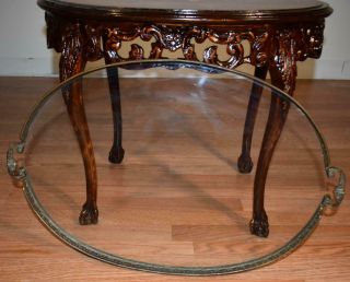 1910s Antique French carved Walnut floral inlay Coffee table with Glass Tray top 5