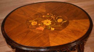 1910s Antique French carved Walnut floral inlay Coffee table with Glass Tray top 6