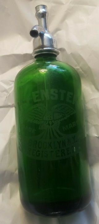 H.  Fenster Antique Vintage Green Seltzer Bottle Etched Eagle Brooklyn N.  Y.