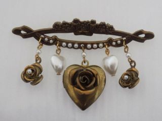 Vintage Antiqued Gold Tone Dangle Heart Locket Flower Charms Brooch 6758