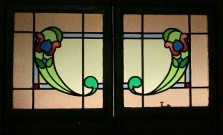 EDWARDIAN ENGLISH LEADED STAINED GLASS SASH WINDOWS Very Colorful Design 2