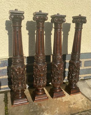 Set Of 4 Very Fine Solid Oak Antique French Carved Columns Wood Carving Lamps