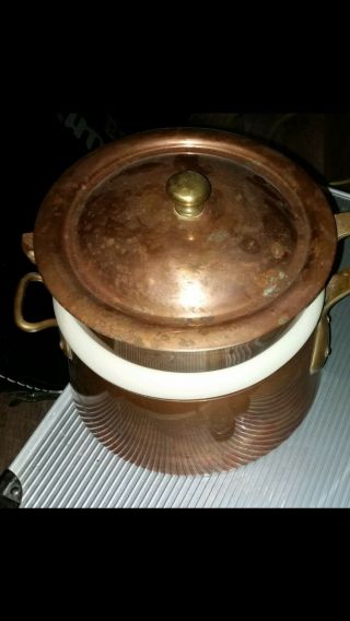 Vintage Waldow Copper Double Boiler with Brass Handles Porcelain Insert Cookware 3