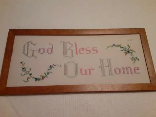 Vintage 1949 Framed Cross Stitch God Bless Our Home Picture