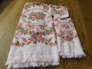 Vtg Retro Tastemaker Bath Towel Wash Cloth Face Towel Pink Floral Fringes Cotton