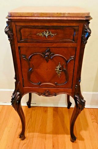19 C.  French Walnut Louis Xv Marquetry Inlay Marble Top Nightstand Side Table