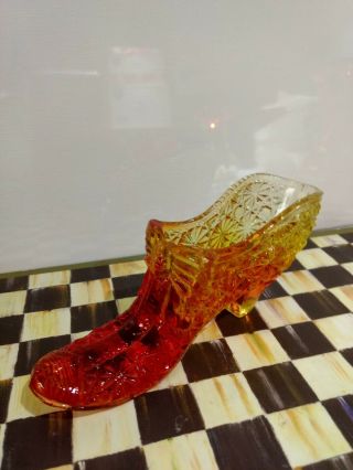 Vintage L.  E.  Smith Red Orange Amberina Art Glass Daisy Button Decorative Shoe