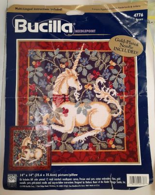 Vintage Bucilla Needlepoint Unicorn Kit 14 " X14 " Barbara Baatz Started - You Finish
