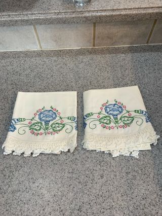 2 Vtg Hand Crocheted Embroidered Blue Green Pink Floral Cotton Pillowcases Ah
