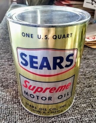 Vintage Sears " Supreme " Motor Oil Quart Can.