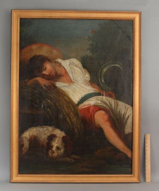 Large Antique Oil Painting,  Sleeping Reaper Boy & Dog Aft 18thc Francois Boucher