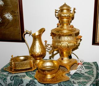 Persian Samovar 7 Piece Electric Tea Set Gold Plated Middle Eastern.  Wow