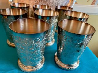 Set Of 8 Silverplate Julep Cups Barker - Ellis England Scroll Work & Flowers