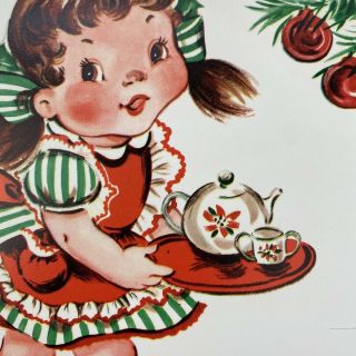 Vintage Mid Century Christmas Greeting Card Stand Up Cute Girl Tea Set 3d Table