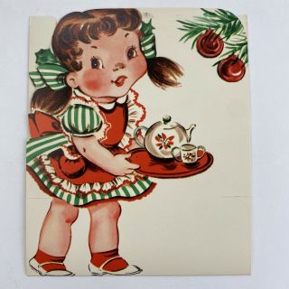 Vintage Mid Century Christmas Greeting Card Stand Up Cute Girl Tea Set 3D Table 2