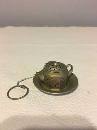 Vintage Tea Strainer Tea Pot Shape,  Chain & Saucer Knobby Kraft