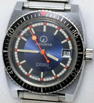 1970 ' s Aquadive Automatic ETA 2873 Blue Dial Men ' s Date Swiss Watch For Repair 2