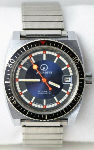 1970 ' s Aquadive Automatic ETA 2873 Blue Dial Men ' s Date Swiss Watch For Repair 3