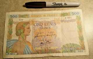 (18) Vintage France Francs 500,  20,  10,  5,  Bank Notes 1932 1939 1943 1944 War Time