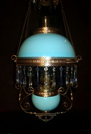 Antique Miller Hanging Oil Lamp (matching Powder Blue Shade & Font Cover)