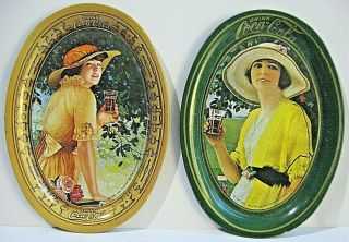 2 Vintage Small Oval Coca Cola Lady Tin Tip Tray Advertising Change Tray