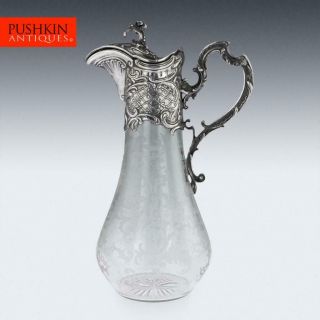 Antique 19thc German Solid Silver & Etched Glass Massive Claret Jug C.  1890