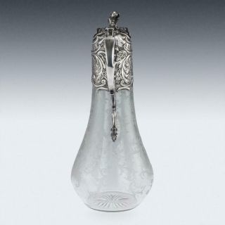ANTIQUE 19thC GERMAN SOLID SILVER & ETCHED GLASS MASSIVE CLARET JUG c.  1890 2