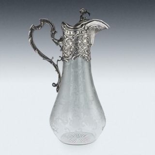 ANTIQUE 19thC GERMAN SOLID SILVER & ETCHED GLASS MASSIVE CLARET JUG c.  1890 3