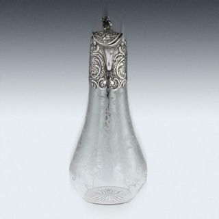 ANTIQUE 19thC GERMAN SOLID SILVER & ETCHED GLASS MASSIVE CLARET JUG c.  1890 4