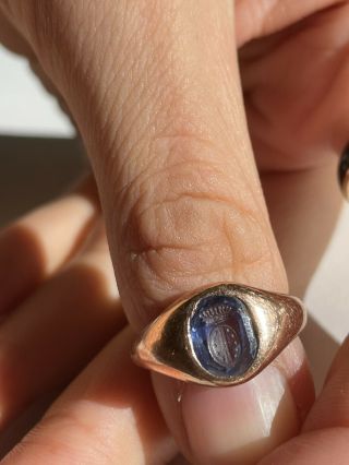 Antique English 9k Rose Gold Ring With Sapphire Intaglio Victorian