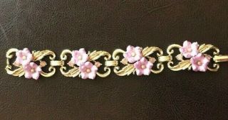 Vtg Star Brand Pink Givre Glass Flower Rhinestone Gold Tone Panel Bracelet 6”