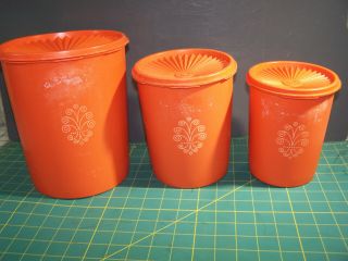Vintage Tupperware Orange Servalier Canister Set (3) 809,  805,  & 811,  Broken Lid