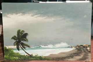 Sam Newton Florida Highwaymen Vintage Oil Painting Palms On Beach Hall Of Fame