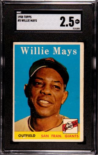 1958 Topps 5 Willie Mays San Francisco Giants Sgc 2.  5 Gd,  Awesome Card