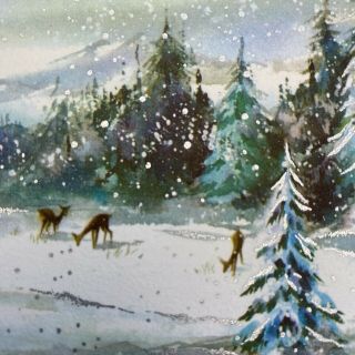 Vintage Mid Century Christmas Greeting Card Deer By Snowy Forest Pine Trees