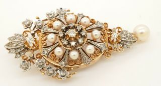Antique 14k 2 - Tone Gold 1.  36ctw Vs Diamond & Pearl Cluster Floral Brooch