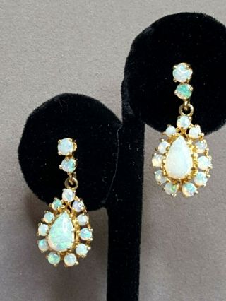 Vintage 14k Yellow Gold Opal Cluster Teardrop Dangle Pierced Post Earrings