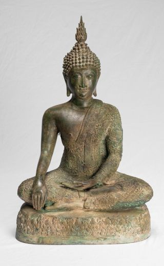 Antique Sukhothai Style Seated Bronze Thai Enlightenment Buddha Statue - 50cm/20 "