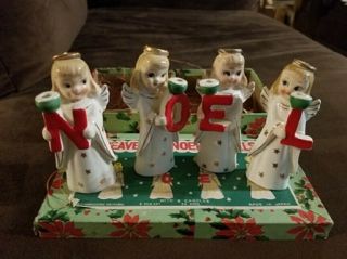 Vintage Japan Heavenly Noel Angels Candle Holders W Box Commodore Vhtf