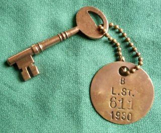 Vintage Brass Skeleton Key With Brass Tag B.  L.  St.  611 1930