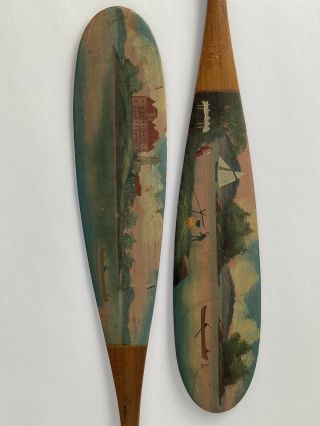Pair Antique Alpheus Keech 1000 Islands Painted Souvenir Canoe Paddles Set Of 2